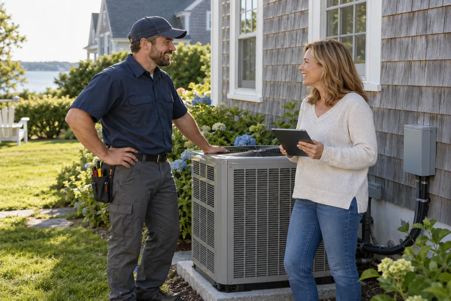 A friendly provider and a homeowner talking beside a new outdoor air conditioner at a home in the Kinnelon area
