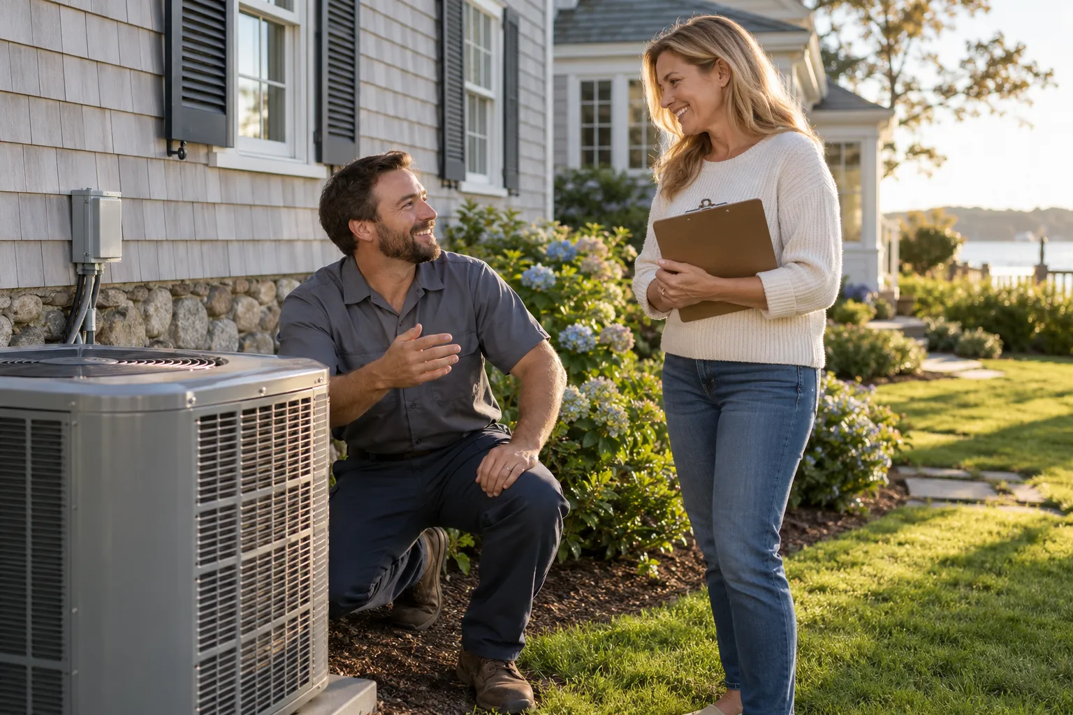 A friendly HVAC provider talking with a homeowner beside an outdoor AC unit in the Kinnelon area