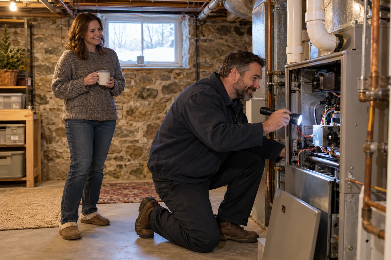 A friendly local provider and a homeowner looking at a gas furnace in a Kinnelon basement